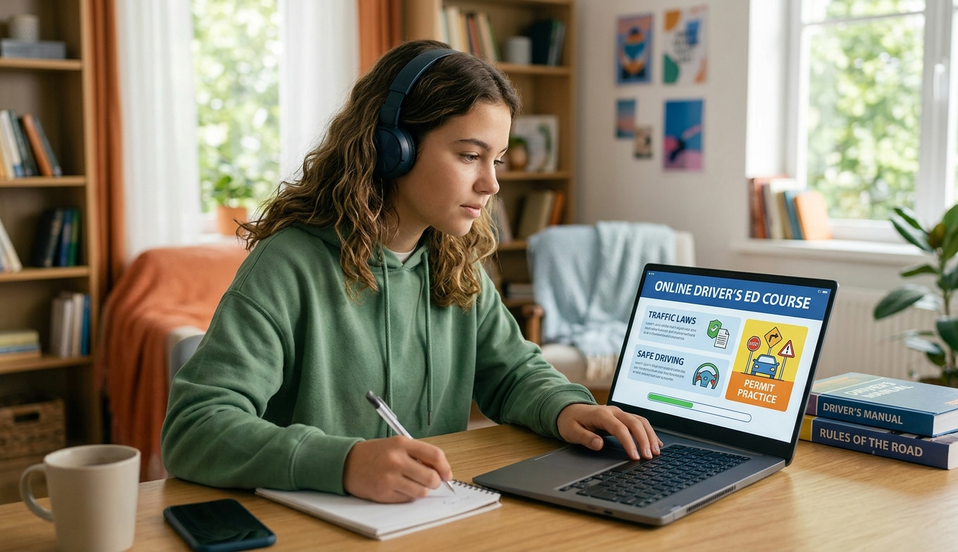 Teen driver studying an online driver's education course on a laptop at home