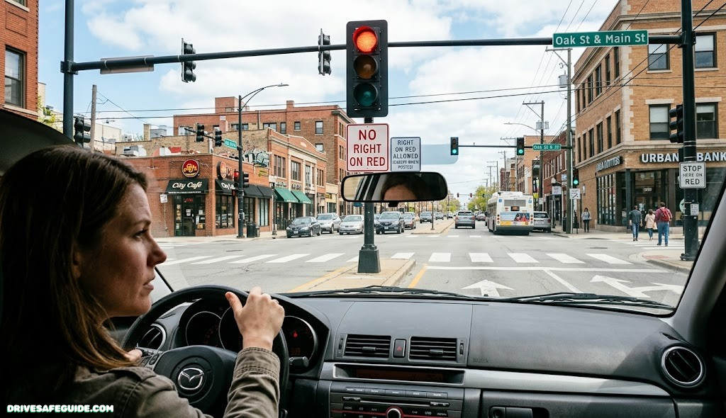Traffic light showing red signal above a city intersection where drivers must decide whether right on red is allowed
