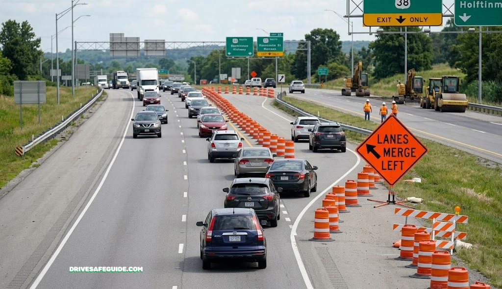 Two lanes of highway traffic narrowing into a single lane at an orange-coned construction zone