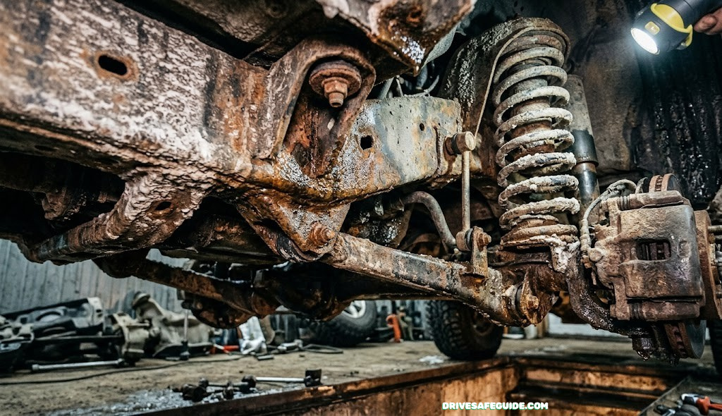 Underside of a vehicle showing frame rails and suspension components exposed to road salt and moisture, the areas most vulnerable to rust
