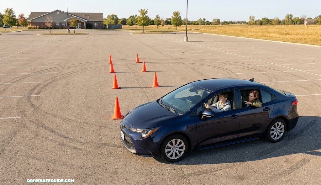 Wide empty parking lot used for a teen driver's first practice session, cones set up for slow-speed maneuvering