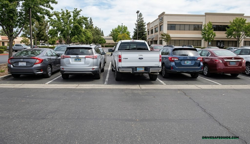 Wide shot of several parked vehicles showing a variety of license plate frames and covers of differing legality