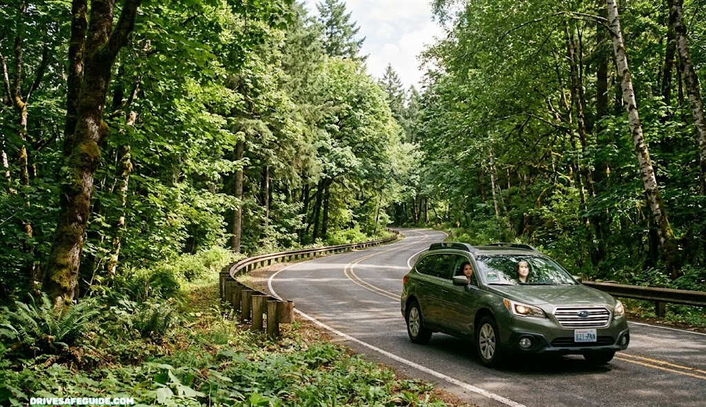 Winding park road through a forest with a car pass windshield sticker visible