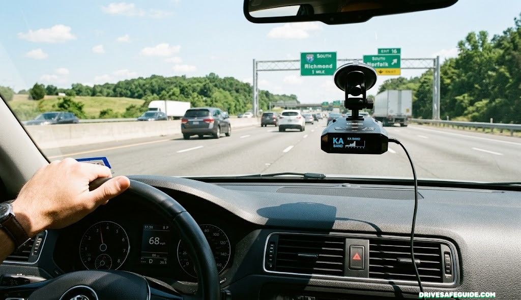 Windshield-mounted radar detector on a car dashboard with highway ahead
