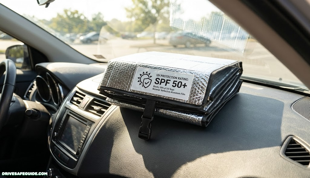 Windshield sunshade with a visible UV protection rating label folded on a car dashboard in sunlight
