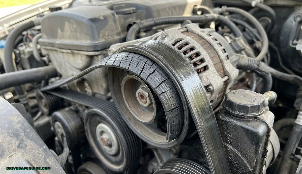 Worn serpentine belt showing cracking and glazing on a car engine