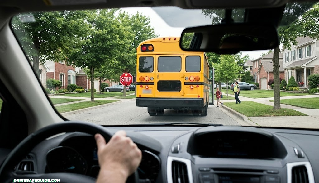 Yellow school bus stopped on a residential street with its red stop-arm sign extended, viewed from the driver's seat of a following car