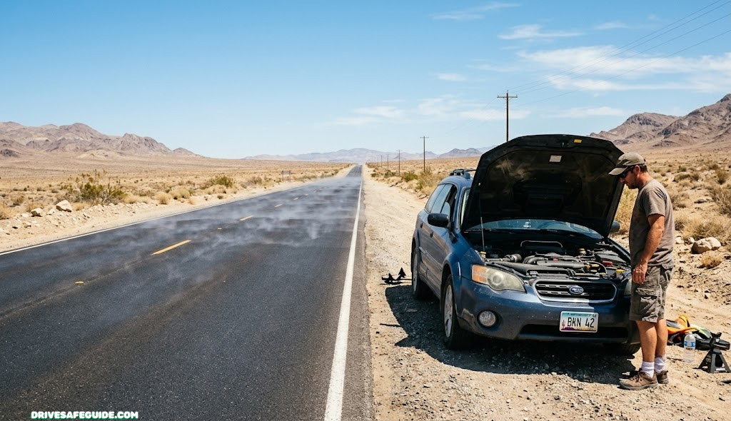 a car pulled onto the shoulder of an empty desert highway under a blazing midday sun, hood raised, heat haze rising off the asphalt