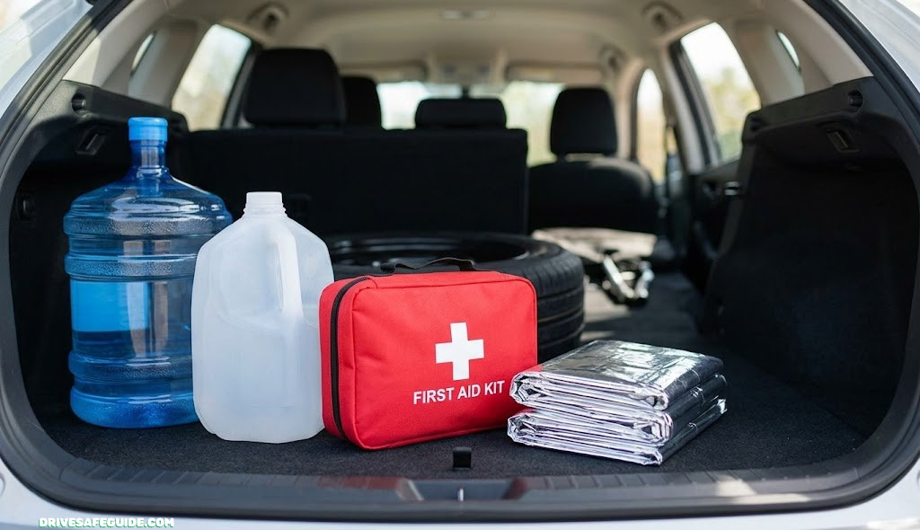  close-up of stacked water jugs, a first aid kit, and a folded reflective blanket arranged in a car trunk