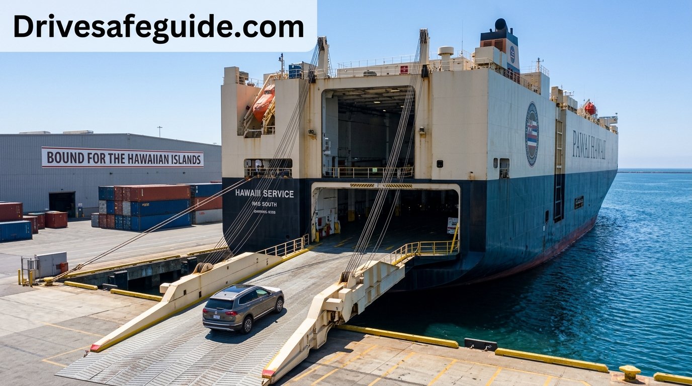 A vehicle being loaded onto a cargo ship bound for the Hawaiian Islands
