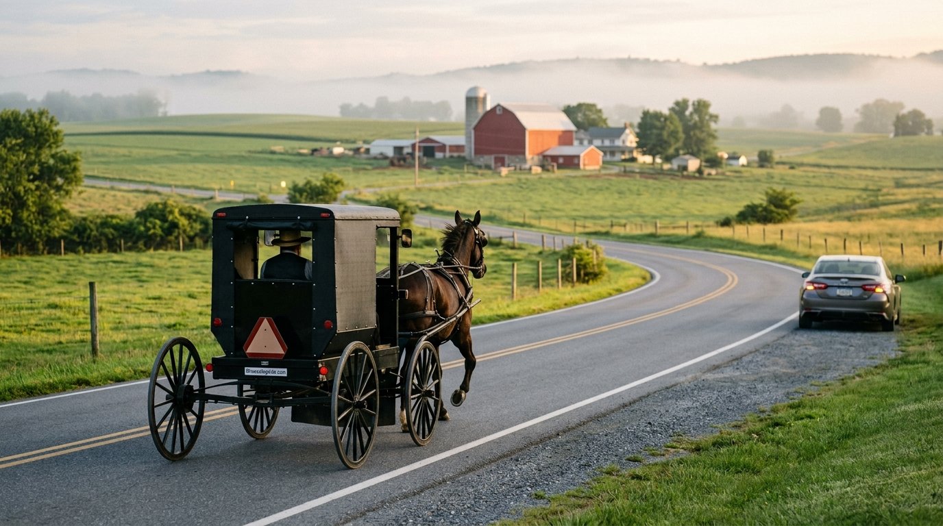 Amish horse and buggy traveling down a quiet country road beside a parked car