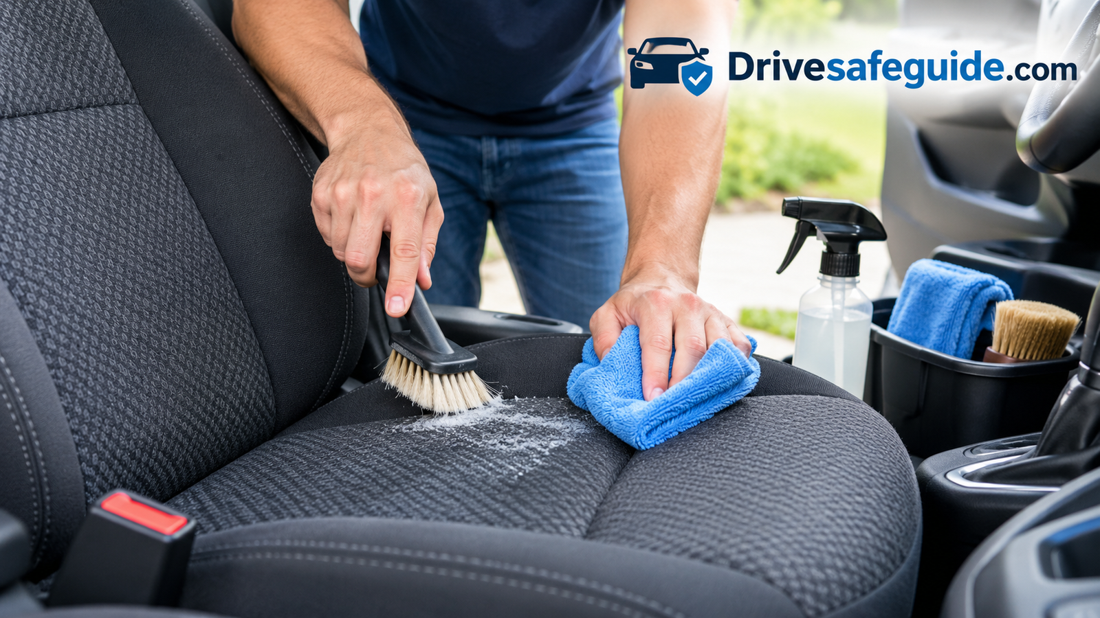 Person cleaning a fabric car seat with a soft brush and microfiber towel