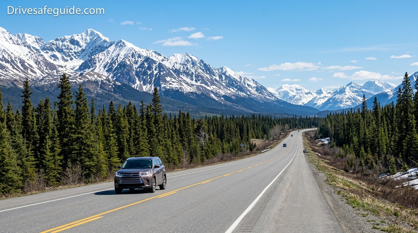 Car driving along the Alaska Highway beneath snow-capped mountains