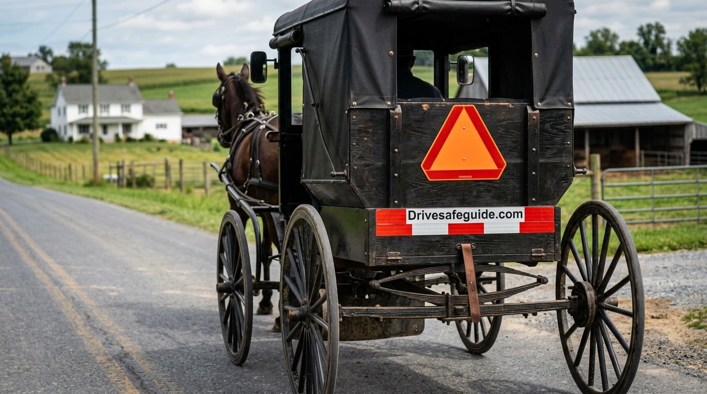Close-up of an Amish buggy with a slow-moving vehicle triangle and reflective tape