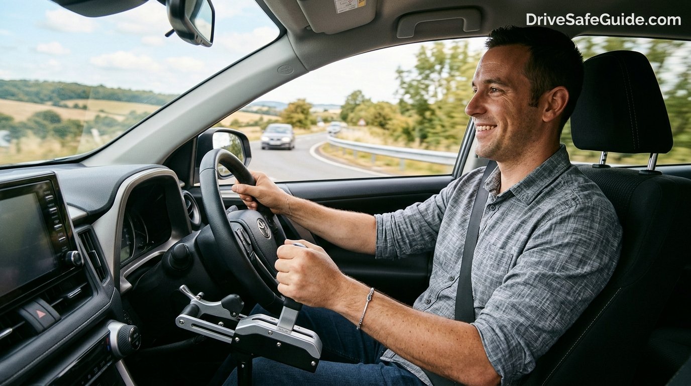 Driver with a spinal cord injury using hand controls in an adapted vehicle