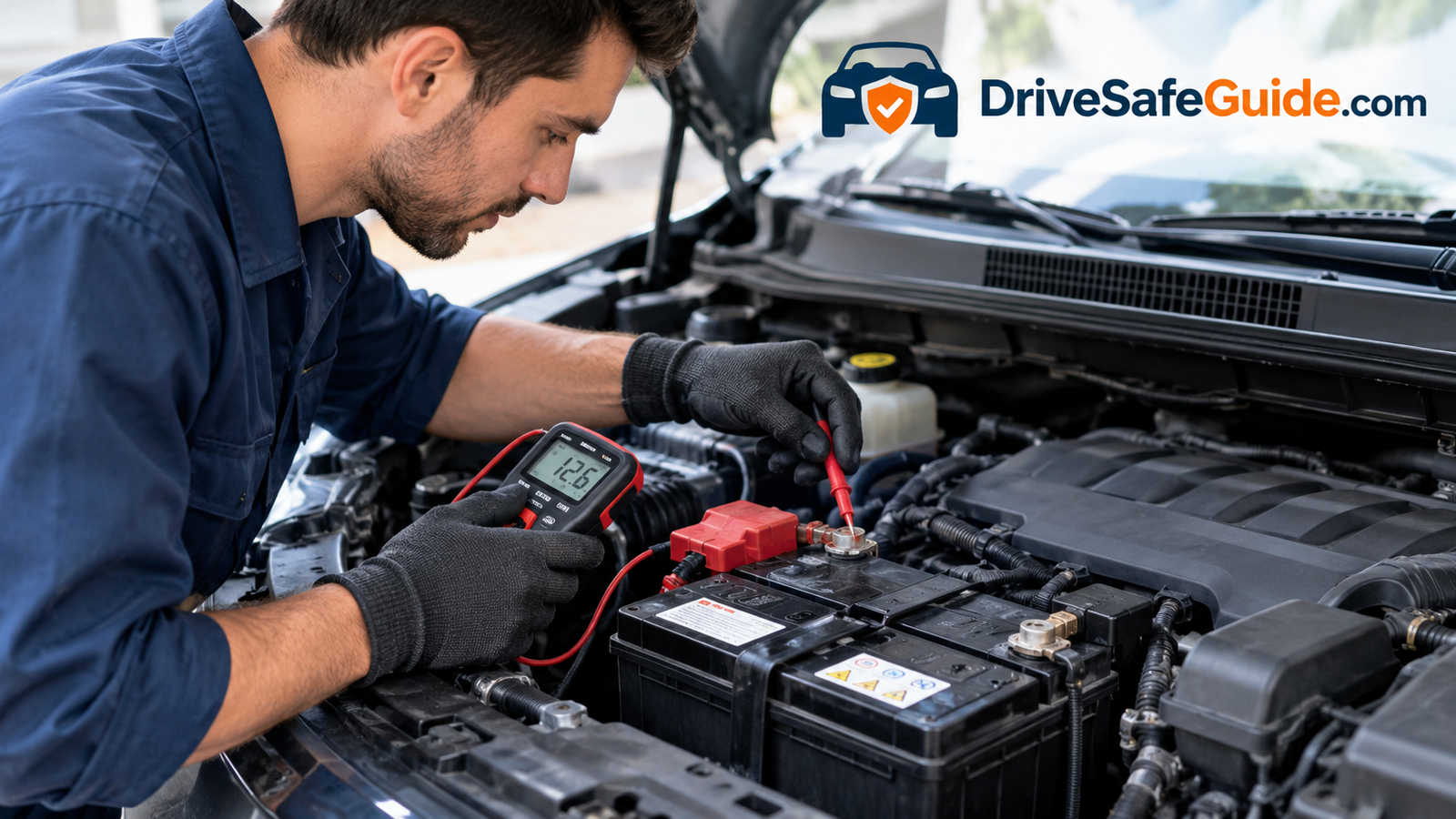 Mechanic checking a car battery under the hood