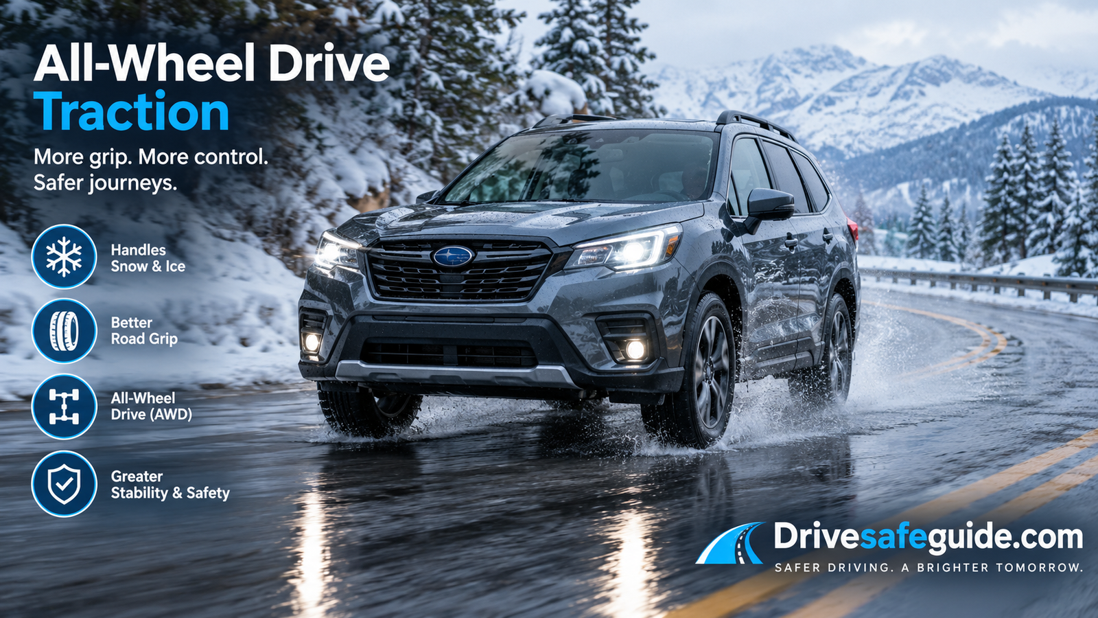 Modern SUV driving on a wet winter road with all-wheel drive traction