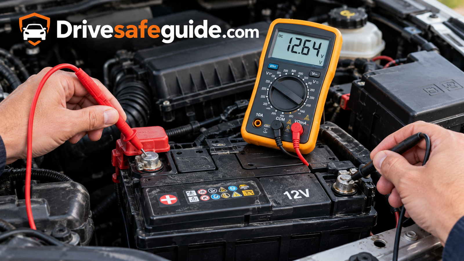 Multimeter testing a 12-volt car battery