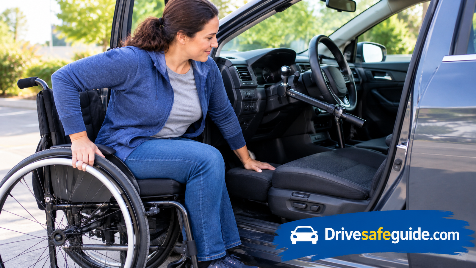 Wheelchair user transferring into a car adapted with hand controls