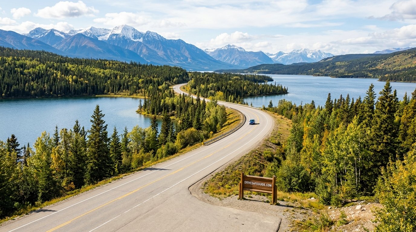 Winding highway through the Yukon with a lake and forest on both sides